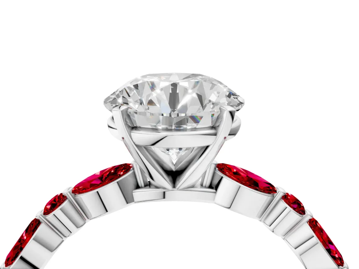 Round Cut Diamond Ring with Marquise and Round Ruby Side Stones and Four-Prong Setting Silver