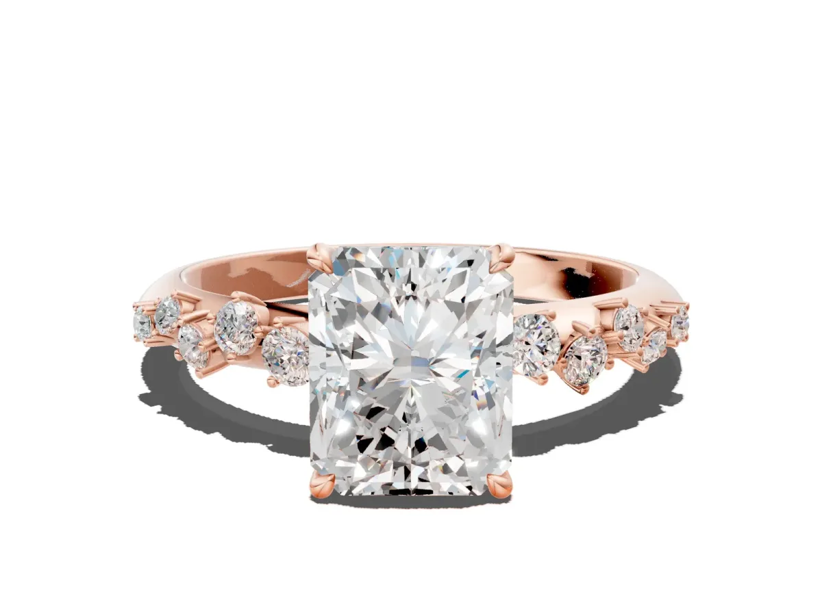 Radiant Cut Diamond Cluster Side Stone Solitaire Ring with Prong Setting Rose gold