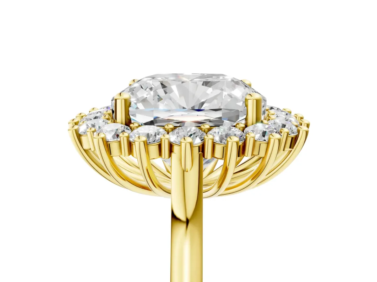 Cushion Diamond Halo Engagement Ring with Round Diamond Accents Yellow gold