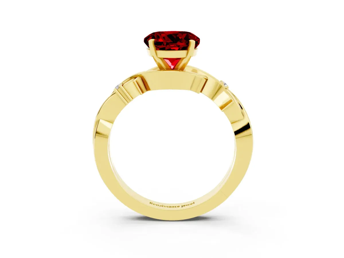 Round Cut Ruby Solitaire Ring with Twisted Band and Prong Setting Yellow gold