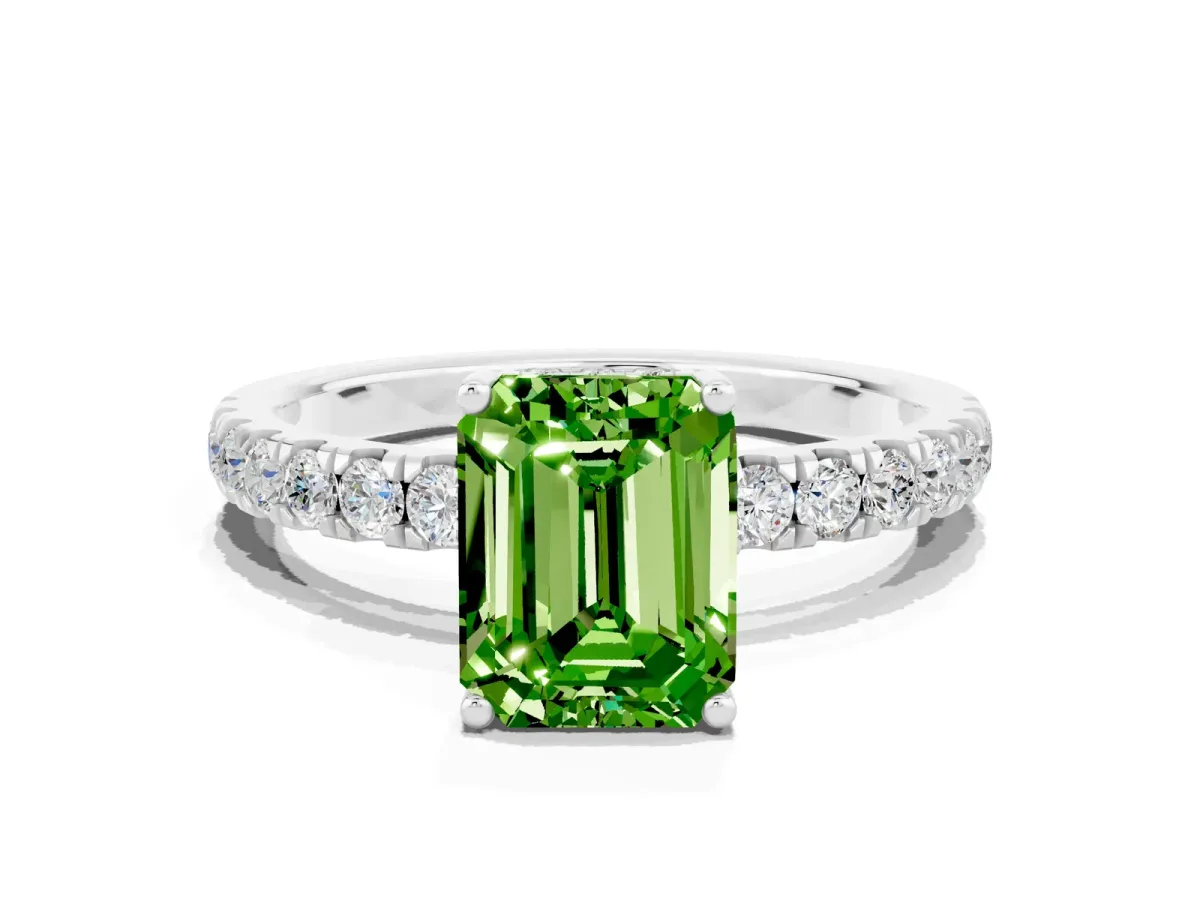 Emerald Cut Peridot Pave Band Solitaire Ring with Round and Prong Setting Silver