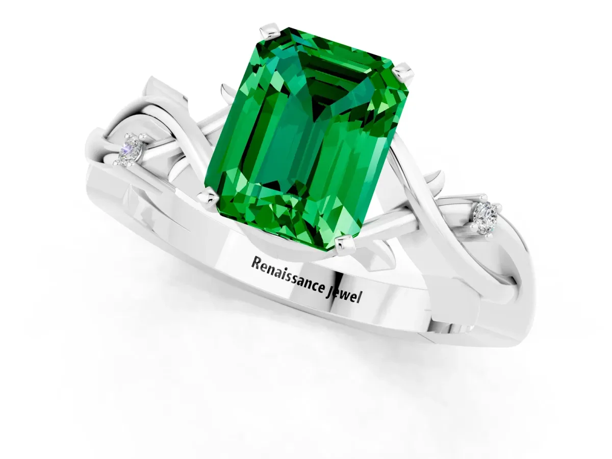 Emerald Cut Emerald Solitaire Ring with Twisted Band and Prong Setting Silver