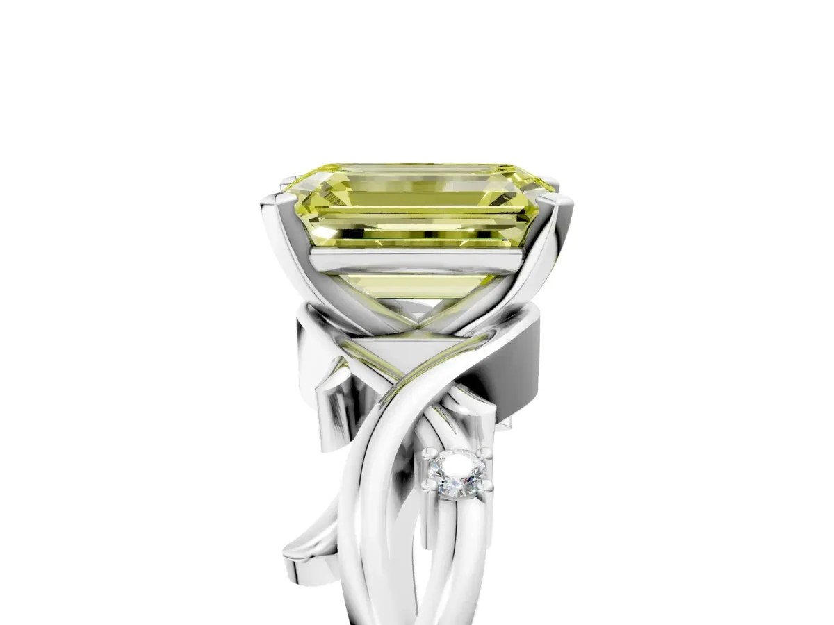 Fancy Yellow Emerald Cut Diamond Solitaire Ring with Twisted Band and Prong Setting Silver
