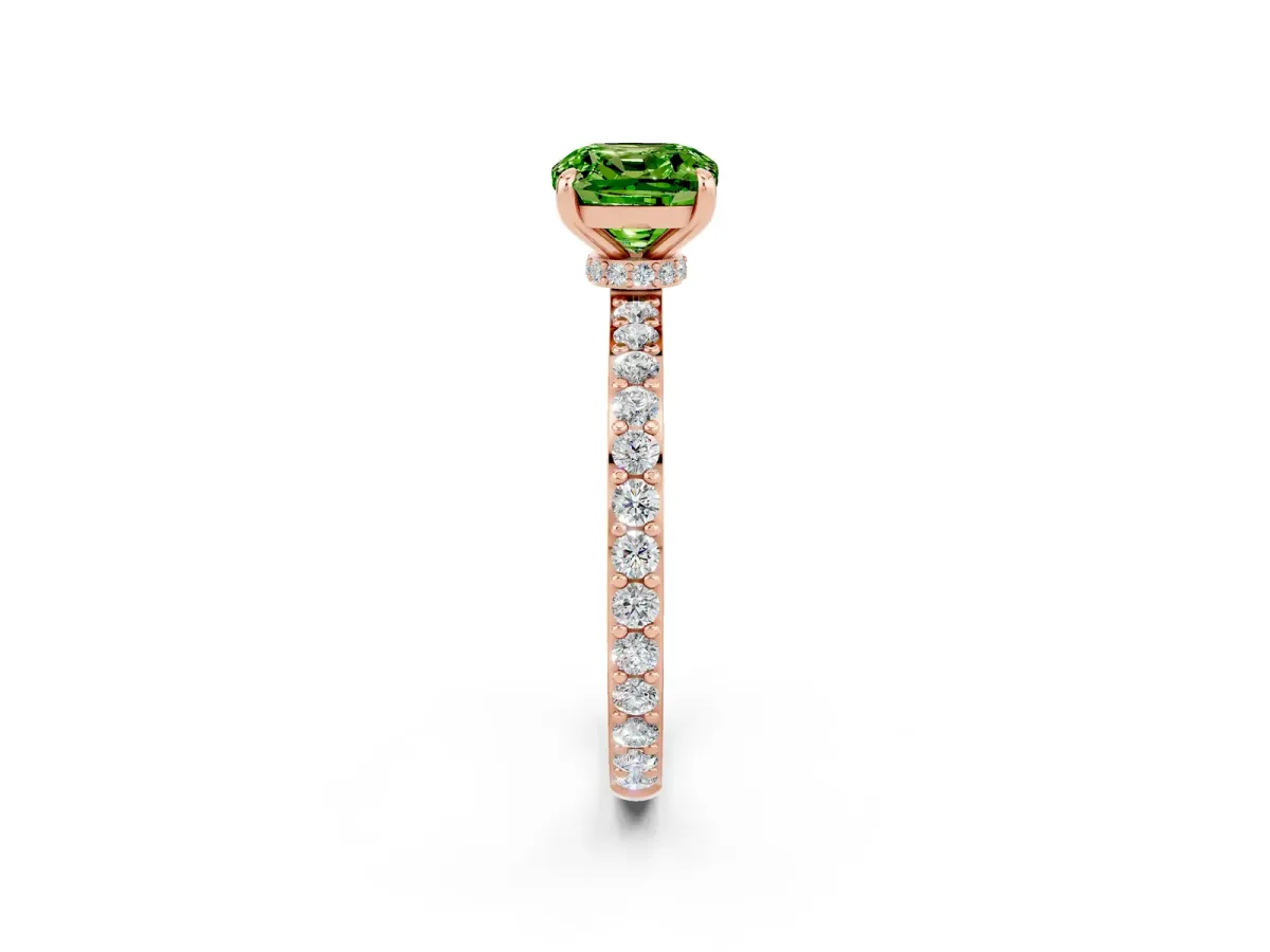 Cushion Cut Peridot Solitaire Engagement Ring with Pavé Band and Four-Prong Setting Rose gold