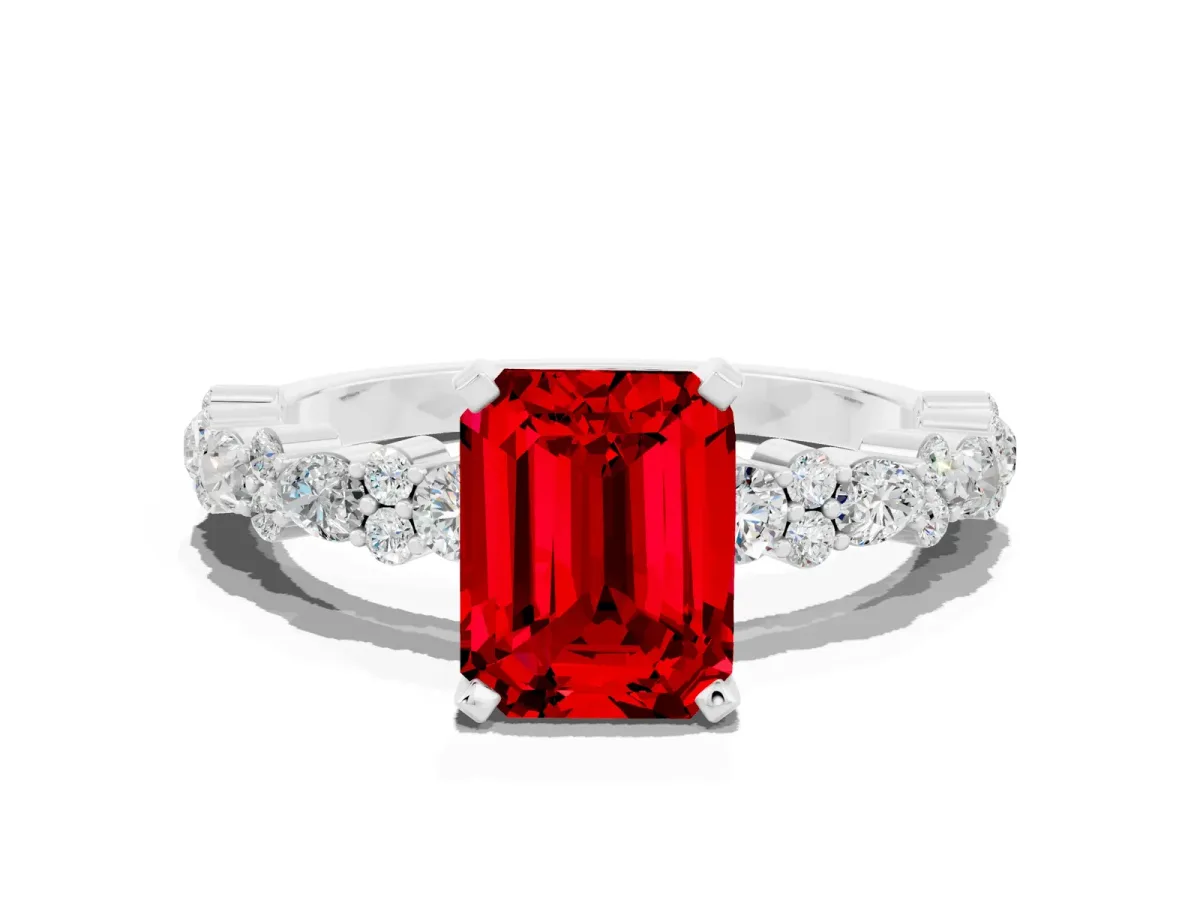 Emerald Cut Ruby Side Stone Solitaire Ring with Round and Four-Prong Setting Silver