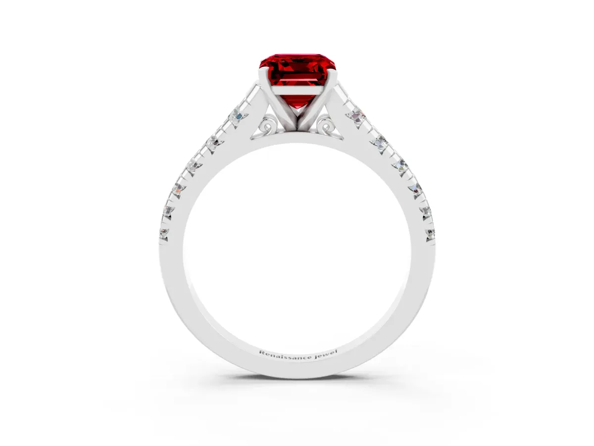 Emerald Cut Ruby Cathedral Solitaire Ring with Round Pavé Band Platinum