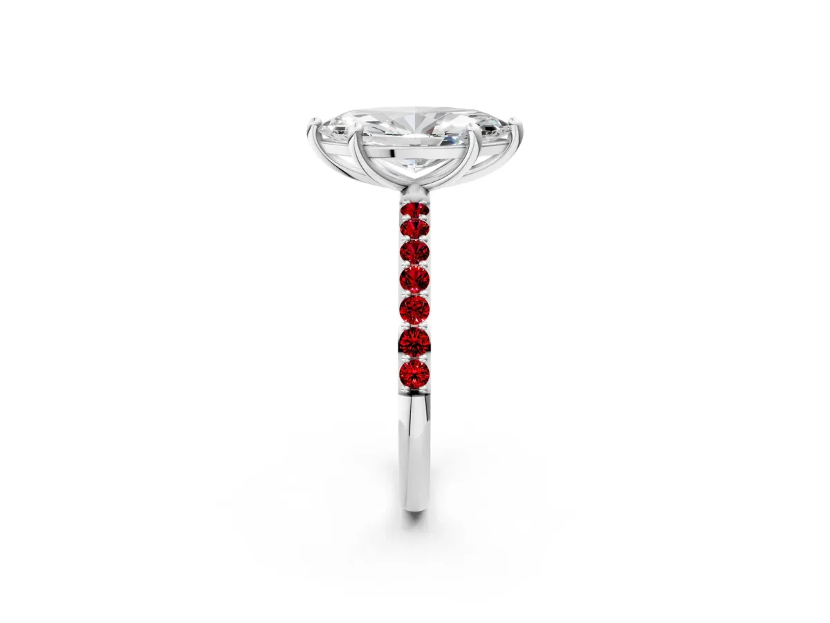 Marquise Cut Diamond Solitaire Ring with Round Ruby Pavé Band and Prong Setting Silver