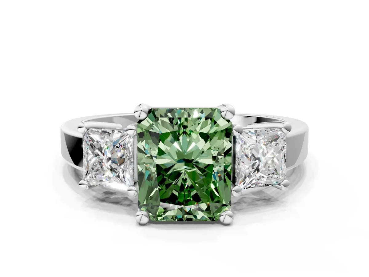Fancy Green Three-Stone Radiant Cut Cut Solitaire Ring with Prong Setting Platinum
