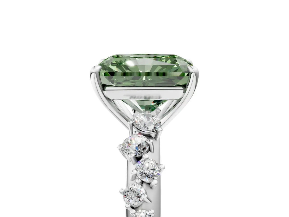 Fancy Green Radiant Cut Diamond Cluster Side Stone Solitaire Ring with Prong Setting Platinum