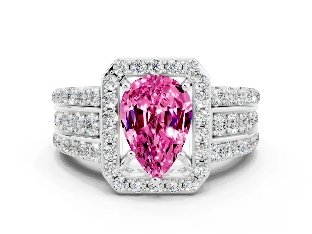 Pear Cut Halo Pink Sapphire Ring with Round Split Shank and Prong Setting Silver