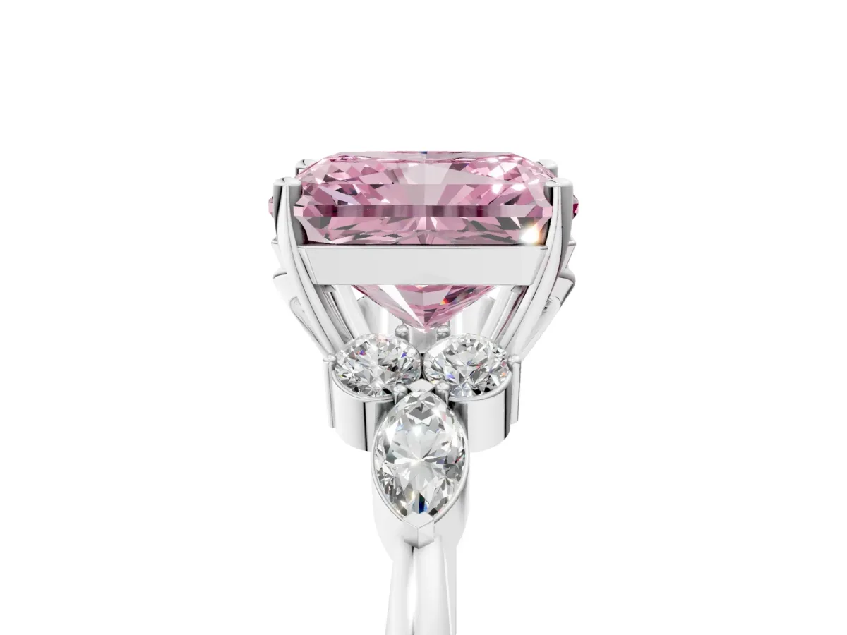Fancy Pink Radiant Cut Brilliant Diamond Solitaire Ring with Pear Side Stones and Four-Prong Setting Platinum