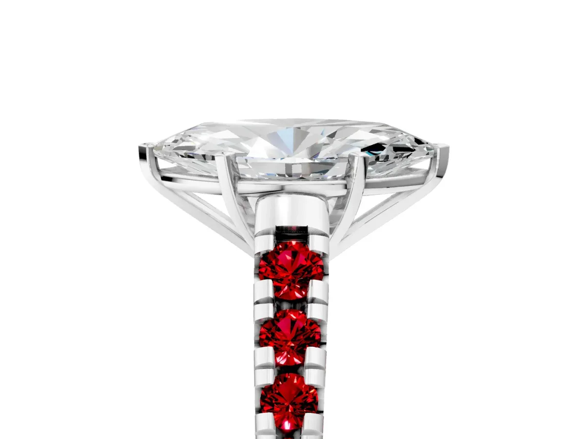 Marquise Cut Diamond Cathedral Solitaire Ring with Round Ruby Pavé Band Silver