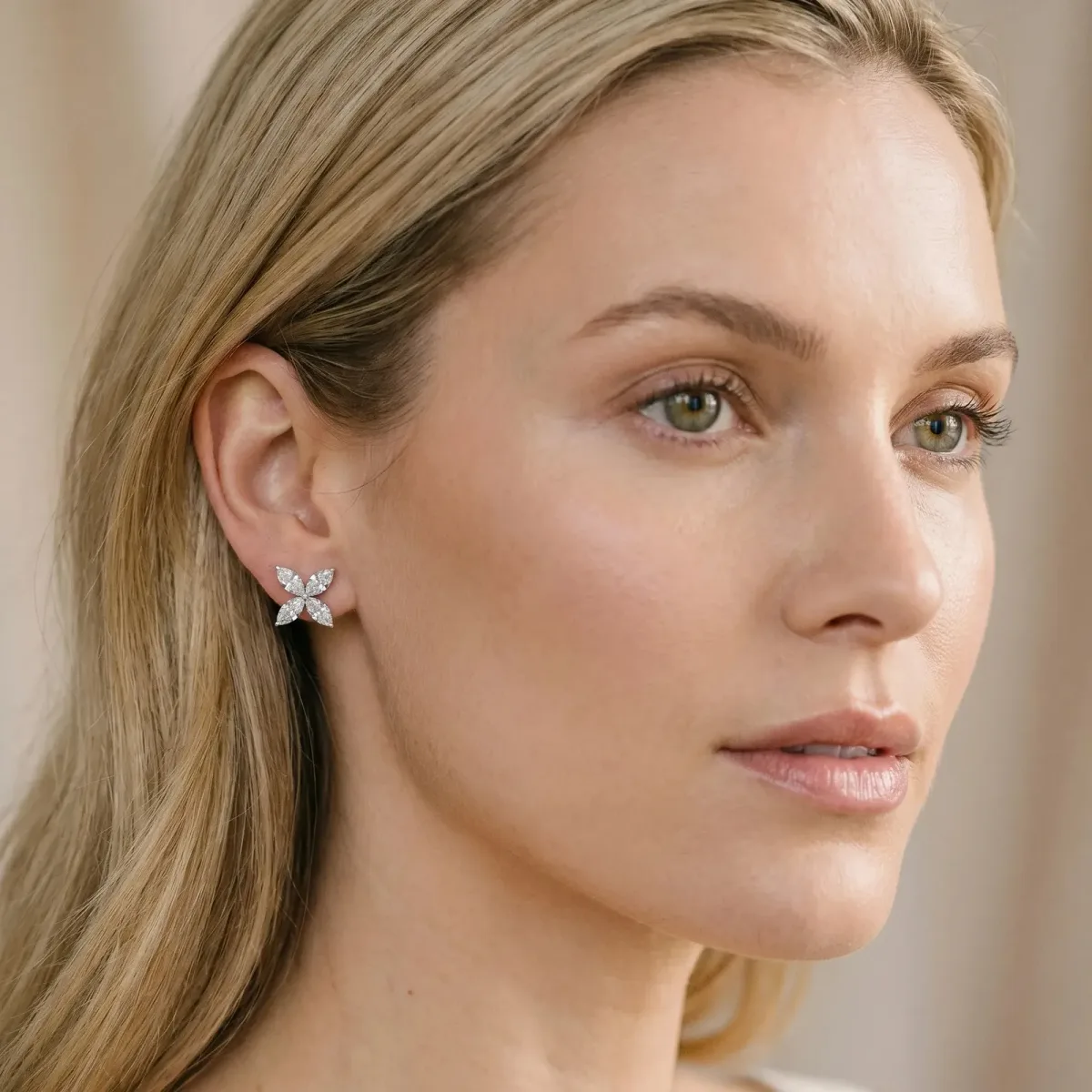Marquise Cut Diamond Flower Stud Earrings Silver