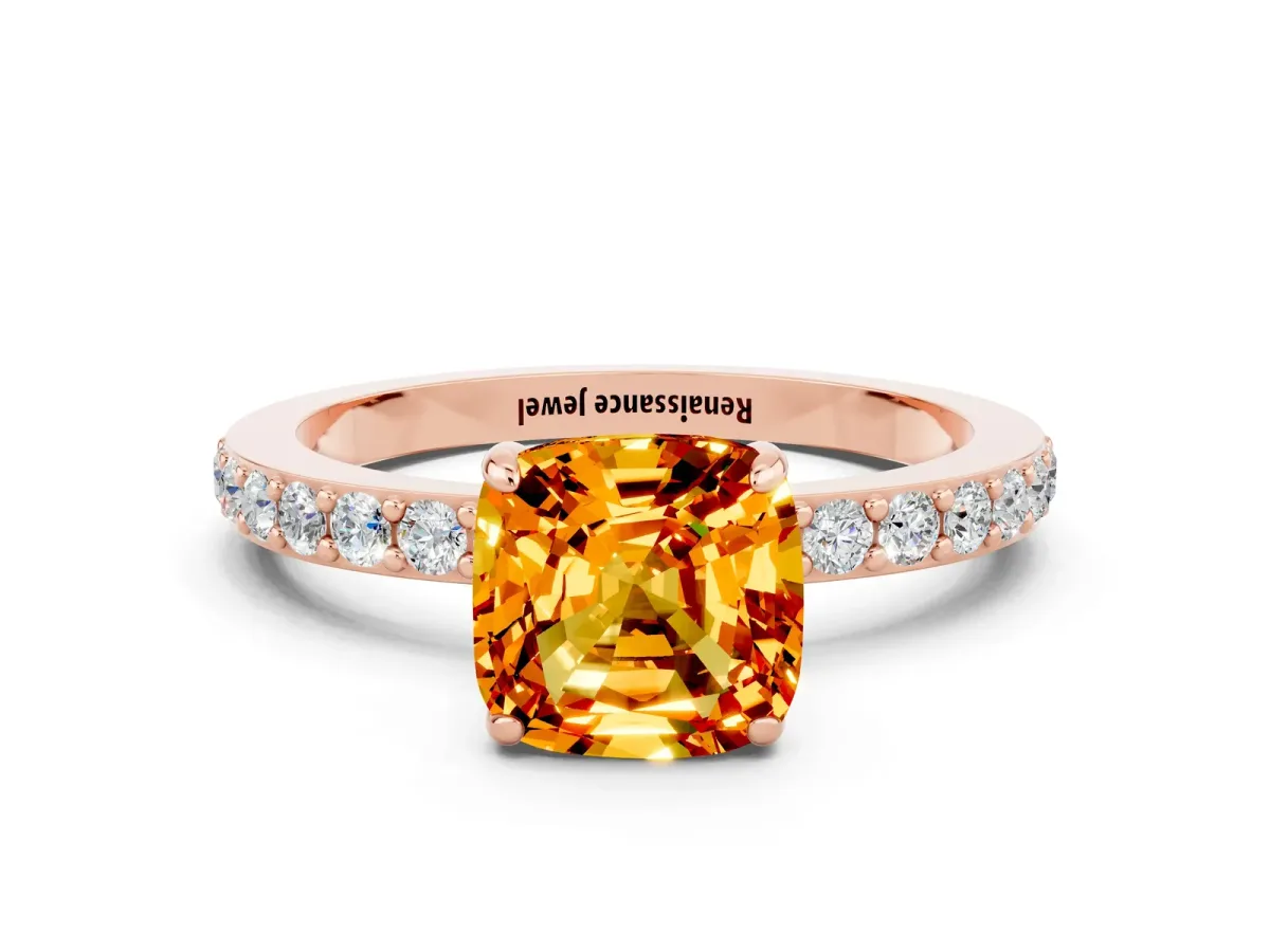 Cushion Cut Citrine Solitaire Engagement Ring with Pavé Band and Four-Prong Setting Rose gold