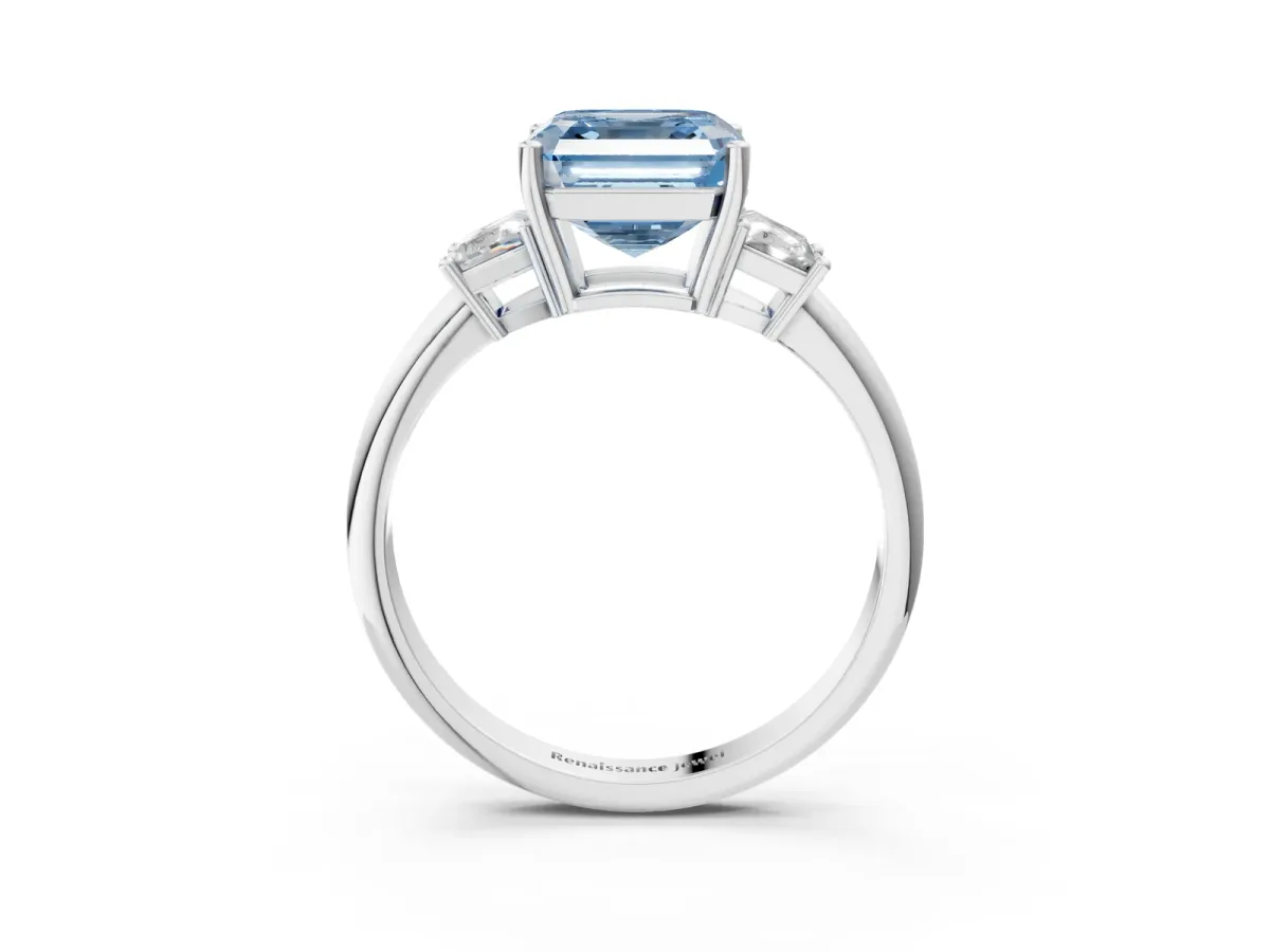 Fancy Blue Asscher Cut Diamond Three-Stone Ring with Trapezoid Side Stones and Prong Setting Silver