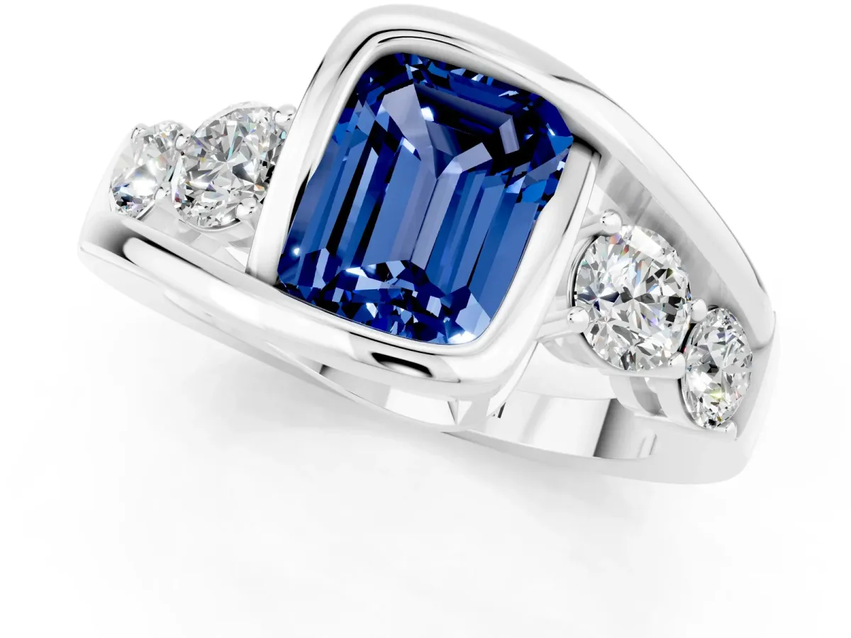 Bezel Set Emerald Cut Blue Sapphire Bypass Ring with Round Accents Silver