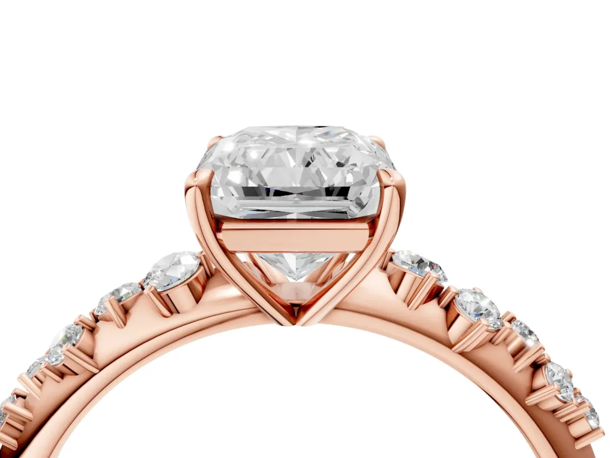 Radiant Cut Diamond Cluster Side Stone Solitaire Ring with Prong Setting Rose gold