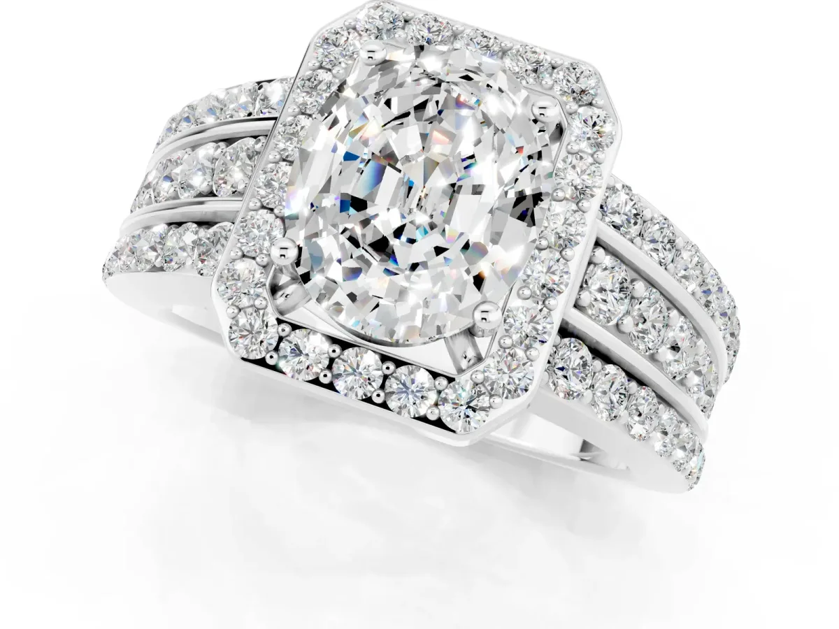 Oval Cut Halo Moissanite Ring with Round Split Shank and Prong Setting Silver
