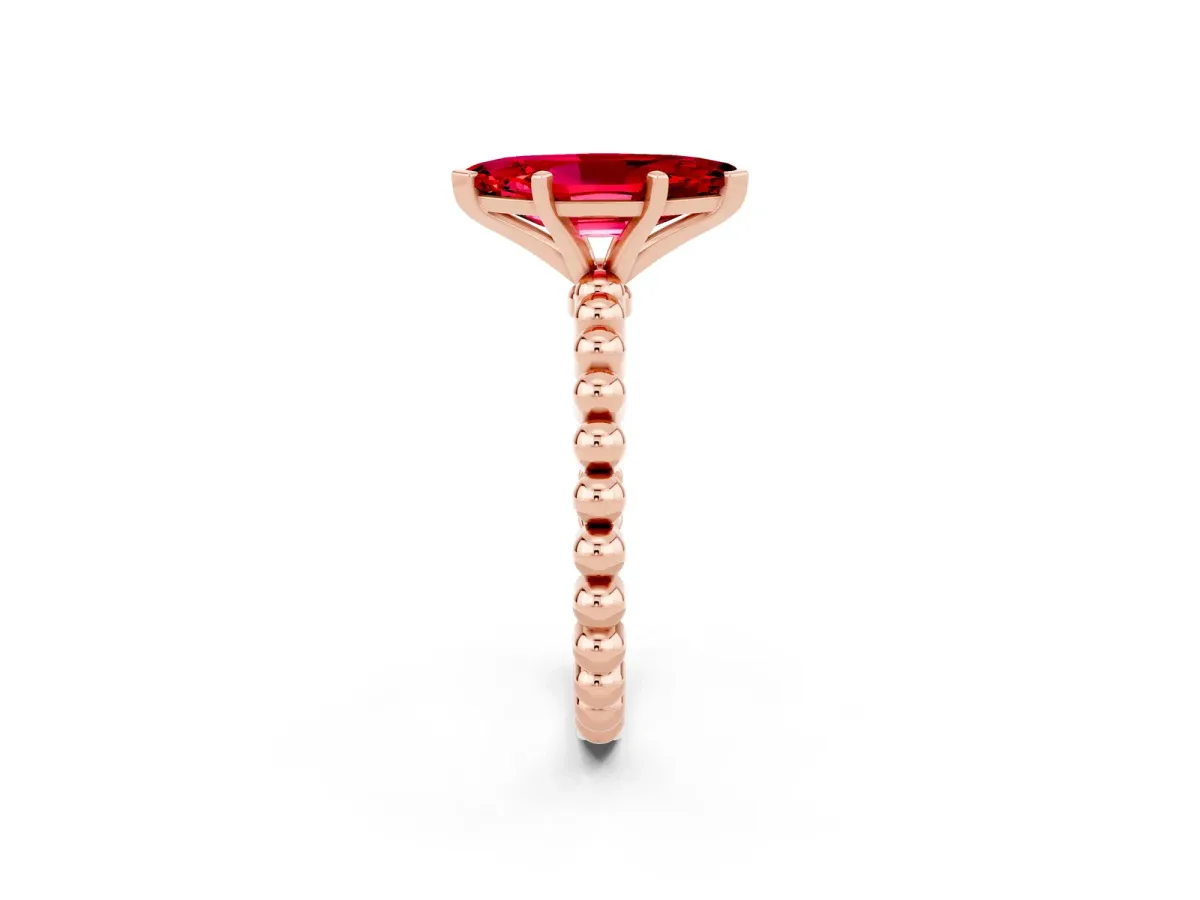 Marquise Cut Ruby Solitaire Ring with Beaded Band and Prong Setting Rose gold