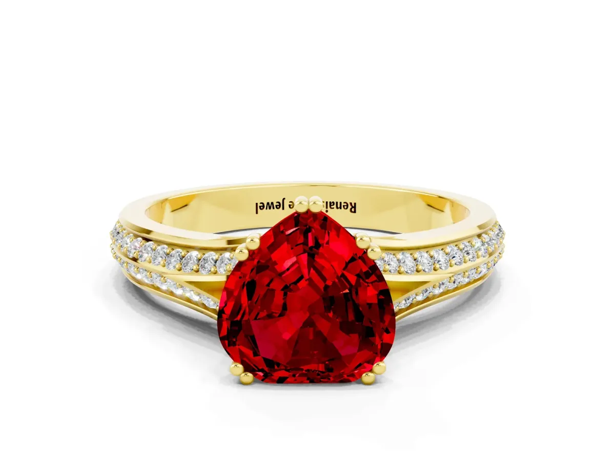 Heart Cut Ruby Split Shank Engagement Ring with Pavé Band Yellow gold