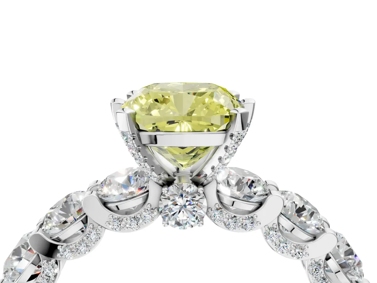 Fancy Yellow Cushion Cut Diamond Side Stone Engagement Ring with Four-Prong Setting White gold
