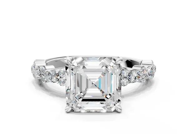 Asscher Cut Diamond Side Stone Solitaire Ring with Round and Four-Prong Setting Platinum