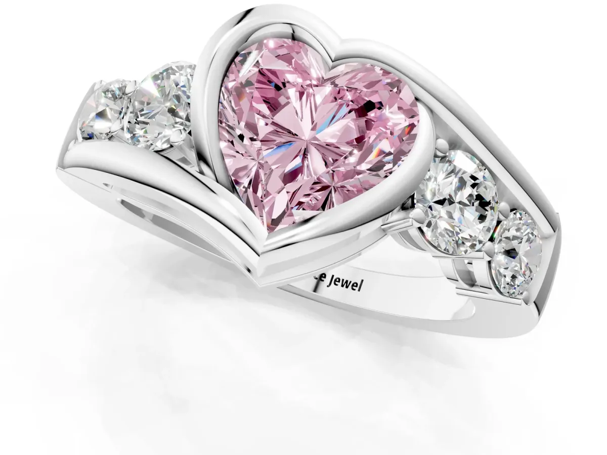 Fancy Pink Bezel Set Heart Cut Diamond Bypass Ring with Round Accents Platinum