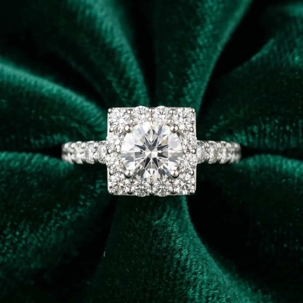 Halo Round Cut Diamond Pave Band Prong Setting Ring Silver