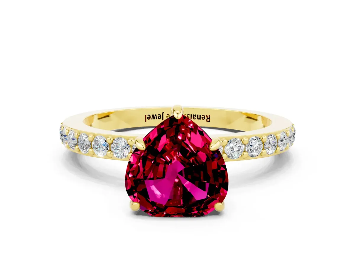 Heart Cut Garnet Solitaire Engagement Ring with Pavé Band and Four-Prong Setting Yellow gold