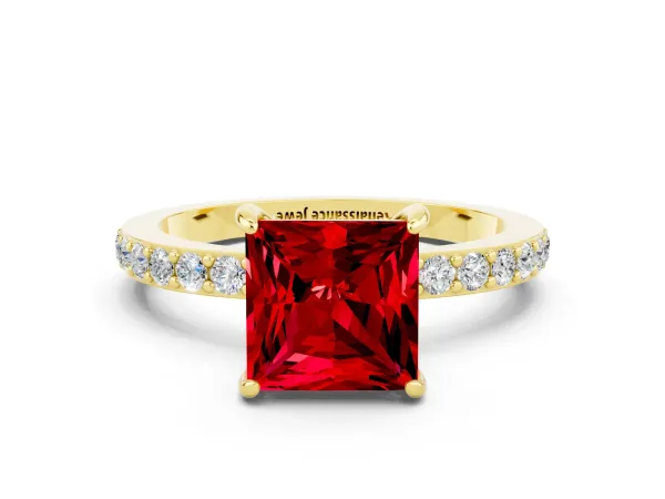 Princess Cut Ruby Solitaire Engagement Ring with Pavé Band and Four-Prong Setting Yellow gold