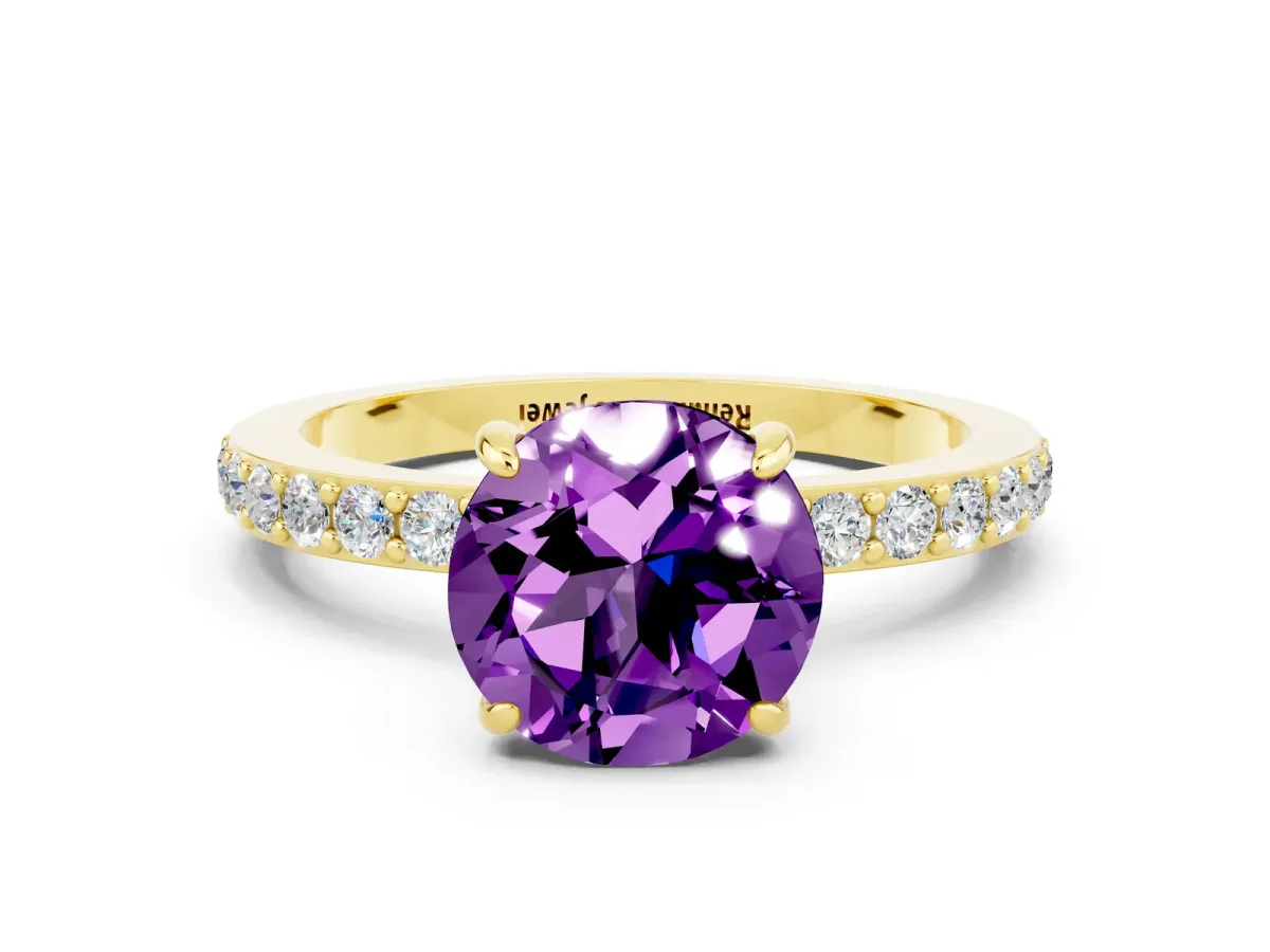 Round Cut Amethyst Solitaire Engagement Ring with Pavé Band and Four-Prong Setting Yellow gold