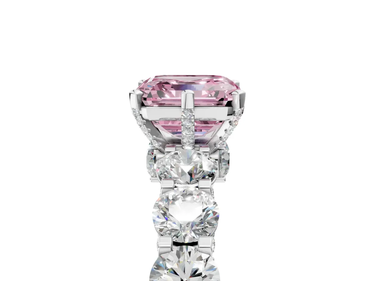Fancy Pink Asscher Cut Diamond Side Stone Engagement Ring with Four-Prong Setting White gold