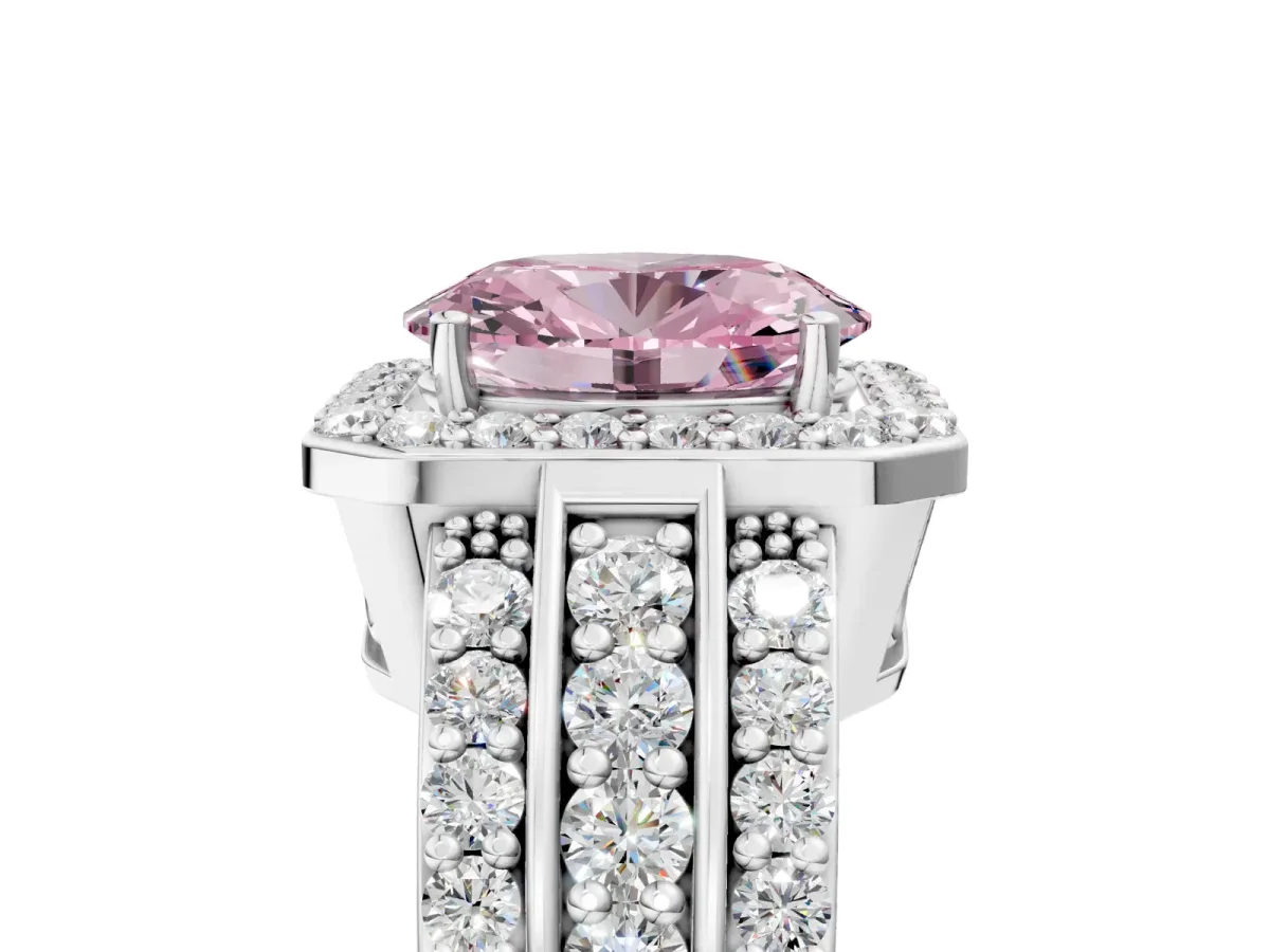 Fancy Pink Oval Cut Halo Diamond Ring with Round Split Shank and Prong Setting Silver