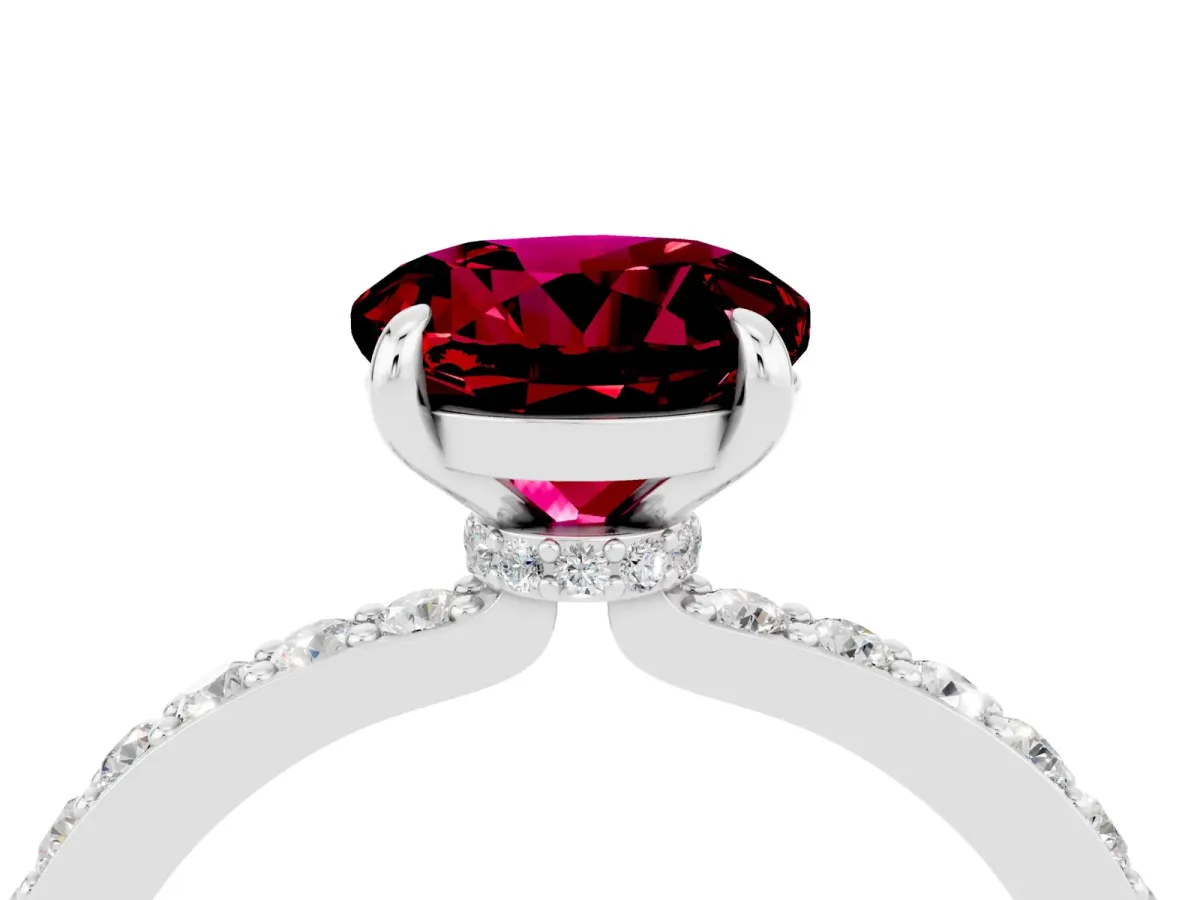 Round Cut Garnet Solitaire Engagement Ring with Pavé Band and Four-Prong Setting Platinum