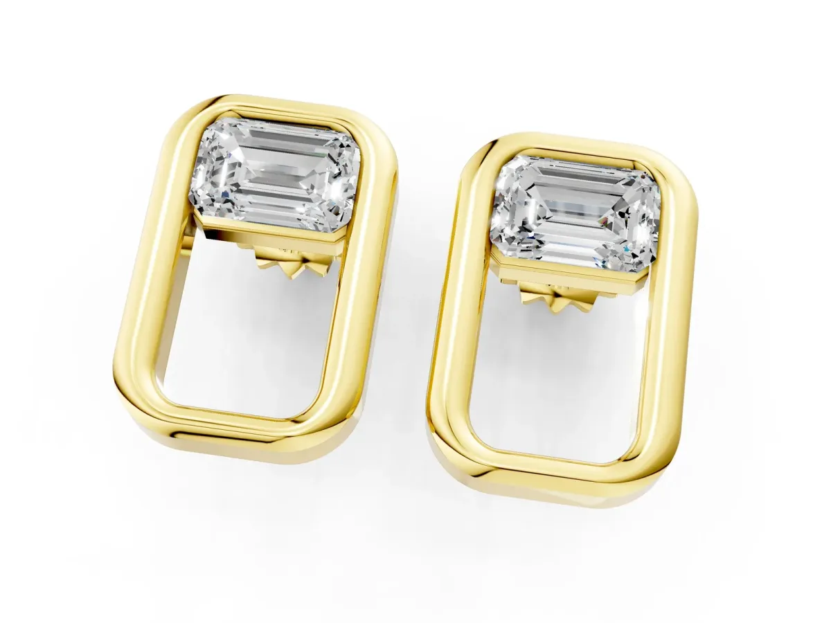 Emerald Diamond Open Frame Stud Earrings Yellow gold