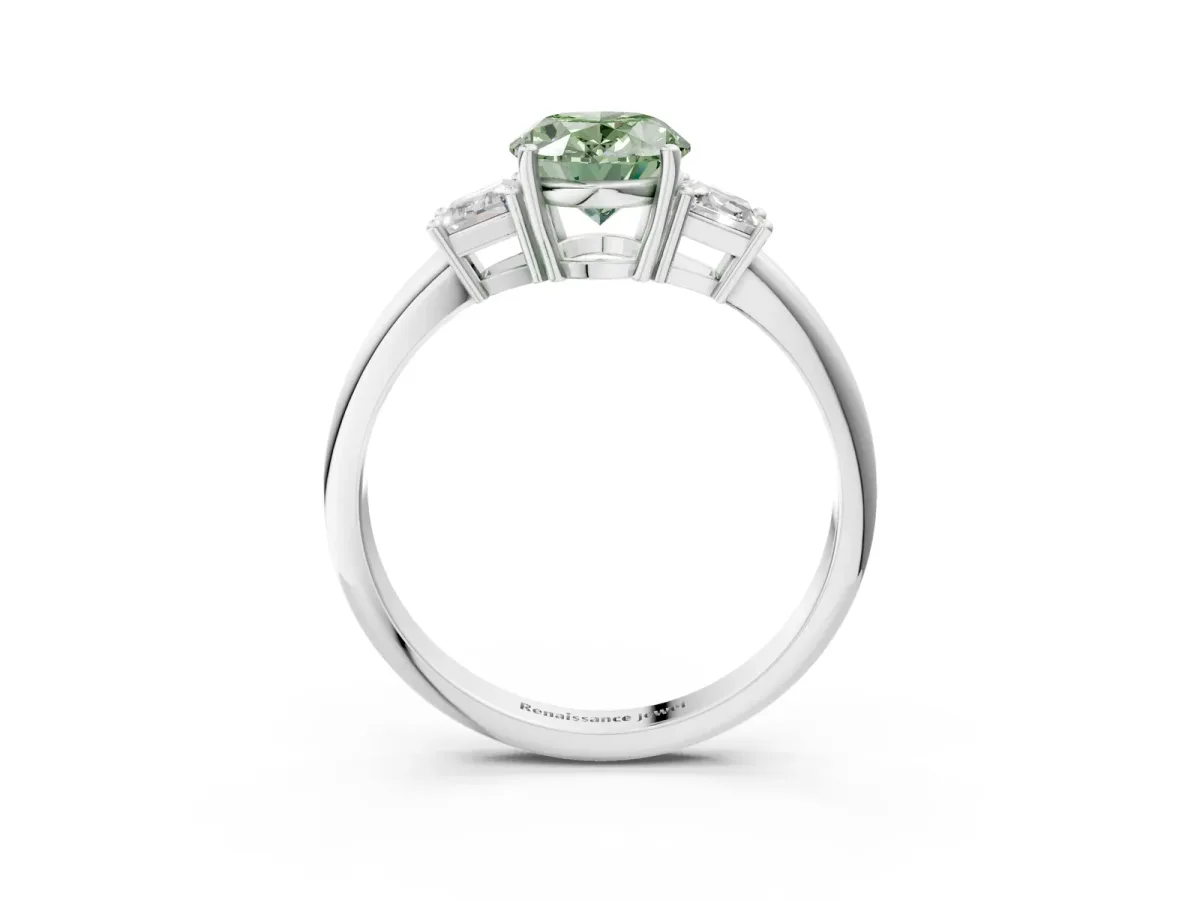 Fancy Green Oval Cut Diamond Three-Stone Ring with Trapezoid Side Stones and Prong Setting Silver