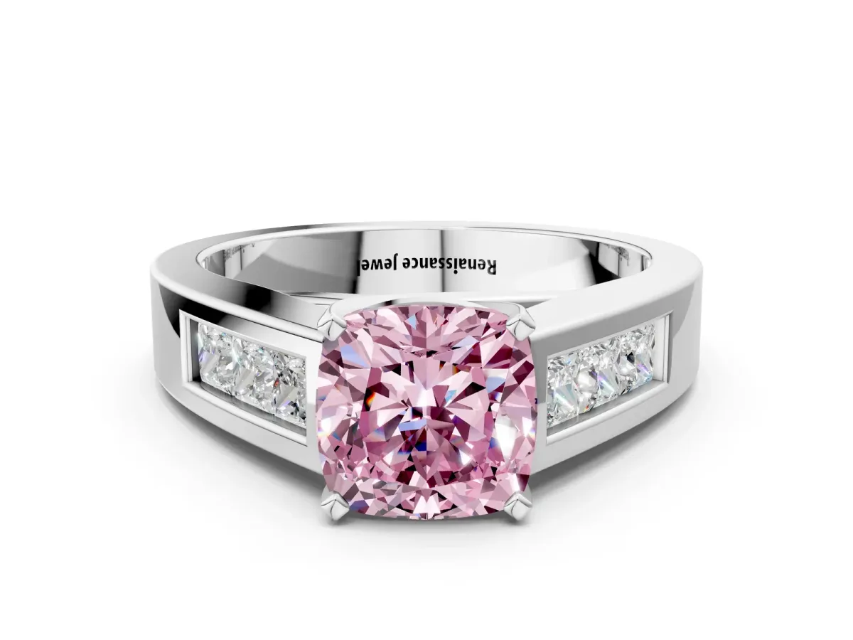 Fancy Pink Cushion Cut Cut Channel Set Solitaire Ring with Four-Prong Setting Silver
