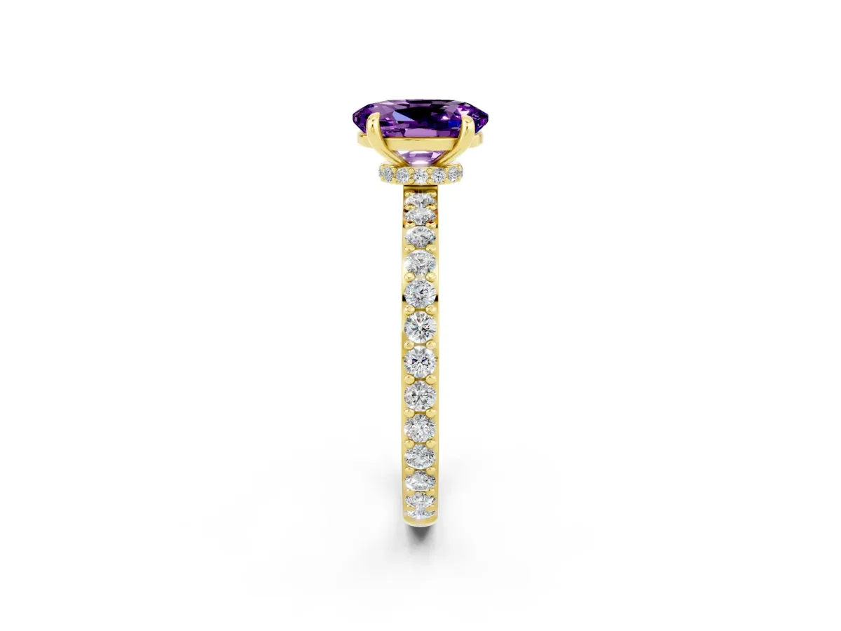 Oval Cut Amethyst Solitaire Engagement Ring with Pavé Band and Four-Prong Setting Yellow gold
