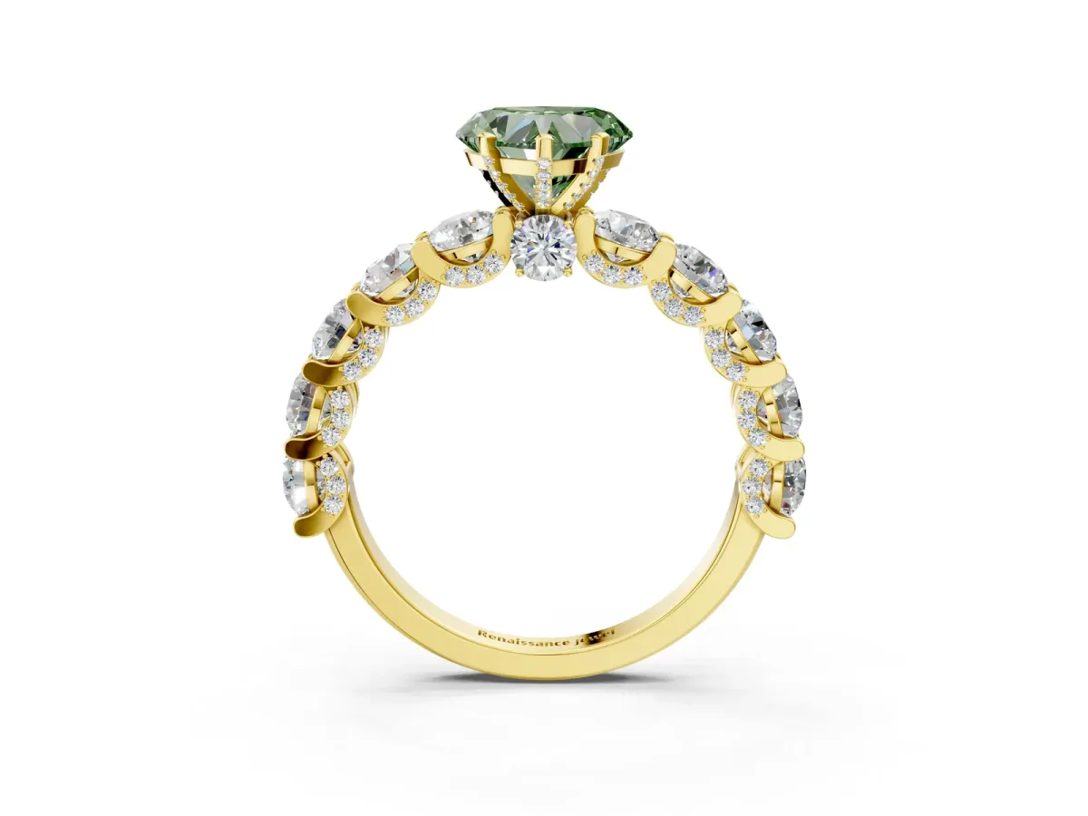 Fancy Green Heart Cut Diamond Side Stone Engagement Ring with Four-Prong Setting Yellow gold