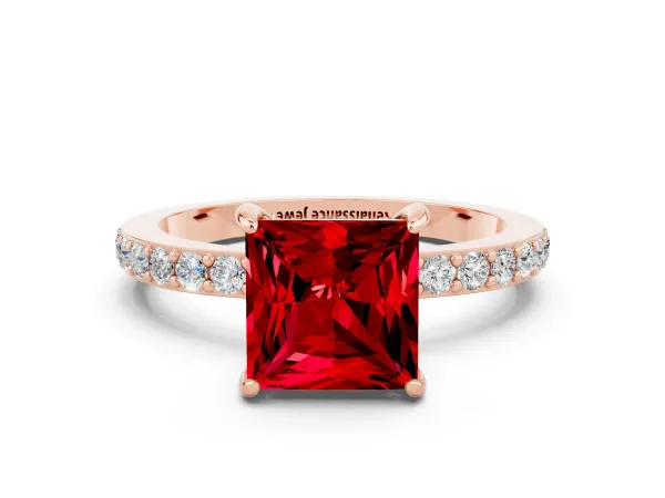 Princess Cut Ruby Solitaire Engagement Ring with Pavé Band and Four-Prong Setting Rose gold
