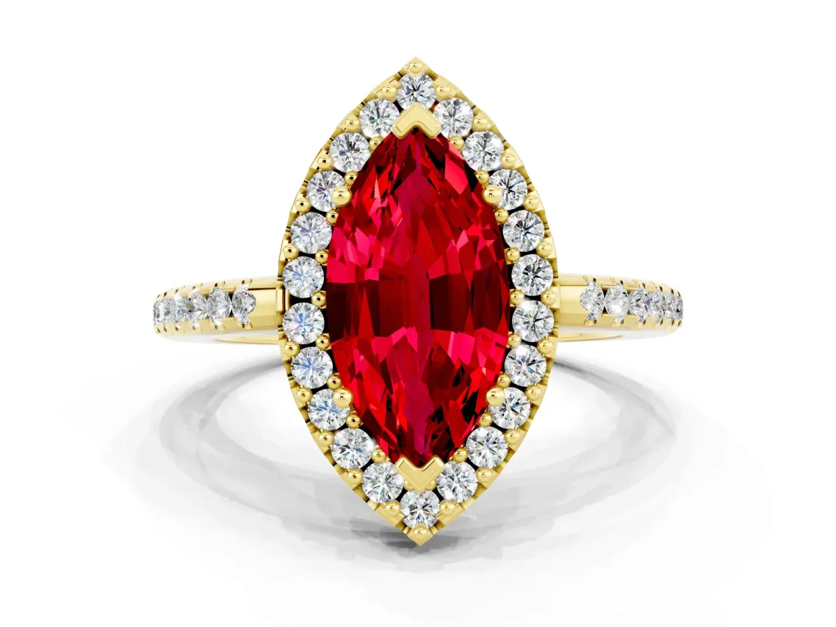 Marquise Cut Ruby Pavé Halo Ring with Four-Prong Setting Yellow gold