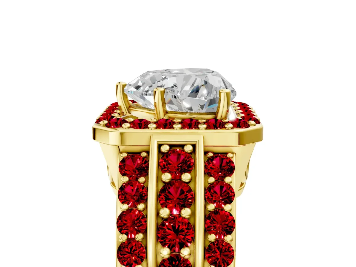 Heart Cut Halo Diamond Ring with Round Ruby Split Shank and Prong Setting Yellow gold