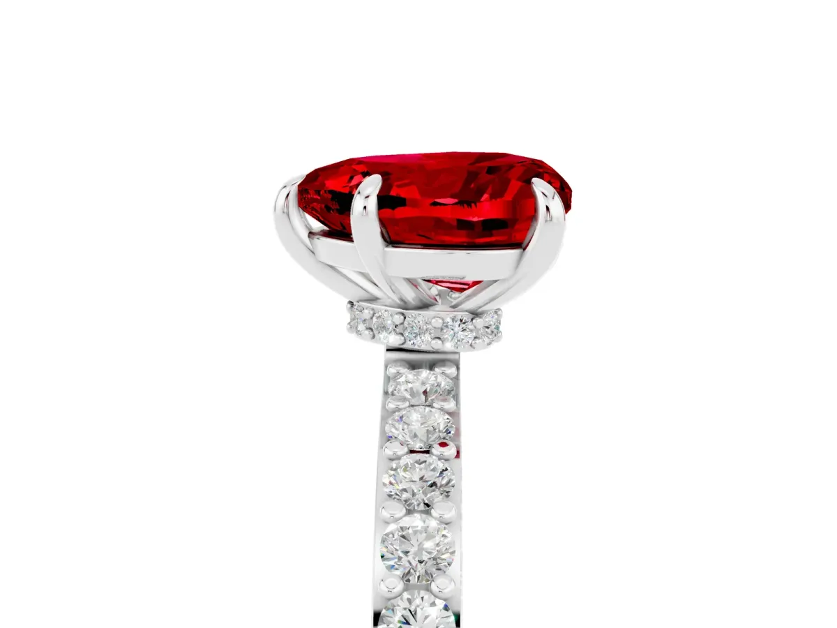 Heart Cut Ruby Solitaire Engagement Ring with Pavé Band and Four-Prong Setting White gold