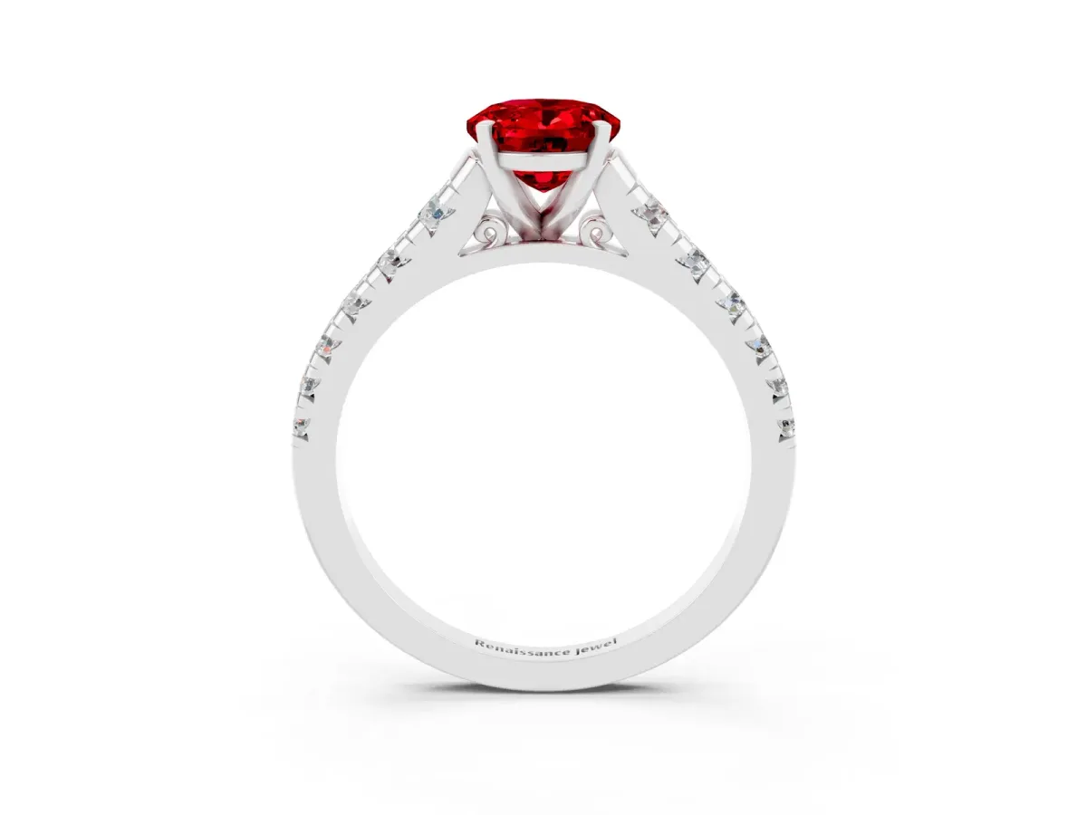 Oval Cut Ruby Cathedral Solitaire Ring with Round Pavé Band White gold