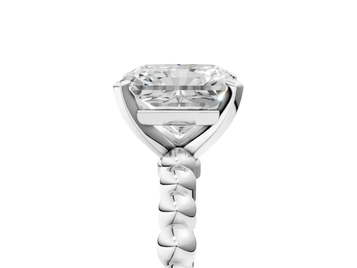 Radiant Cut Diamond Solitaire Ring with Beaded Band and Prong Setting Platinum