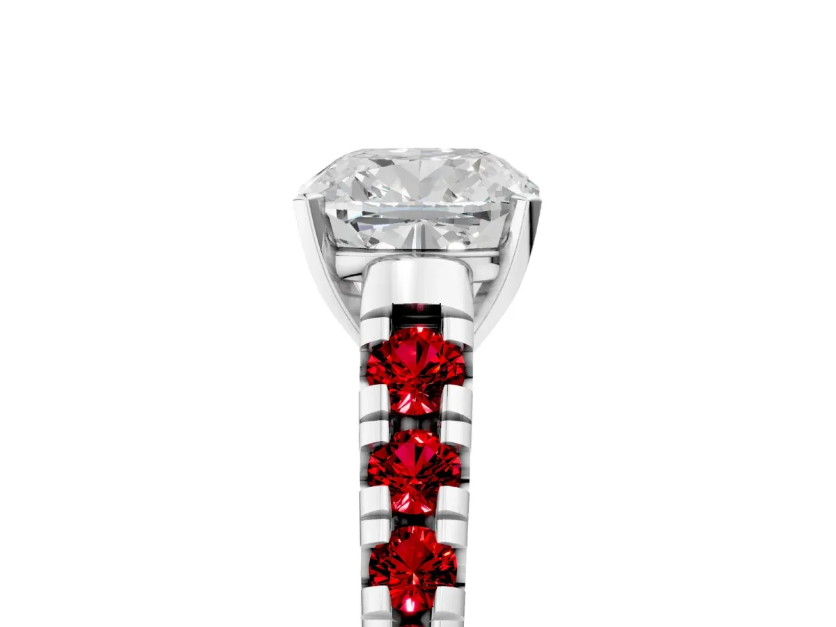 Cushion Cut Diamond Cathedral Solitaire Ring with Round Ruby Pavé Band Platinum