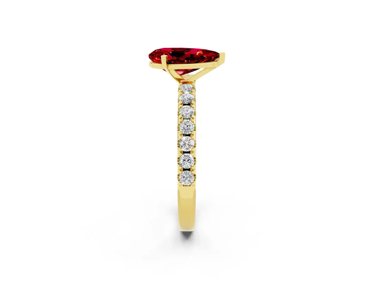 Pear Cut Ruby Solitaire Pavé Band with Four-Prong Setting Yellow gold