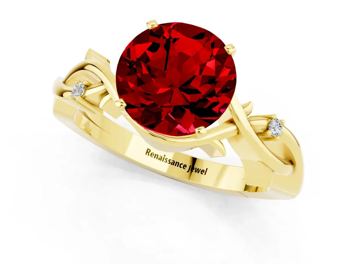 Round Cut Ruby Solitaire Ring with Twisted Band and Prong Setting Yellow gold