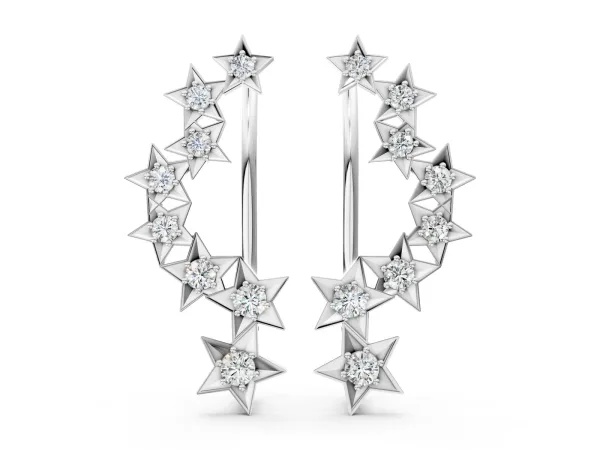 Star Cluster Diamond Crescent Earrings with Round Cut Stones on a Curved Band and Prong Setting Silver