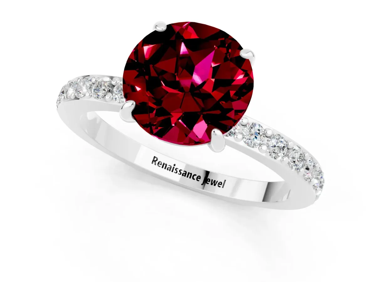 Round Cut Garnet Solitaire Engagement Ring with Pavé Band and Four-Prong Setting Platinum